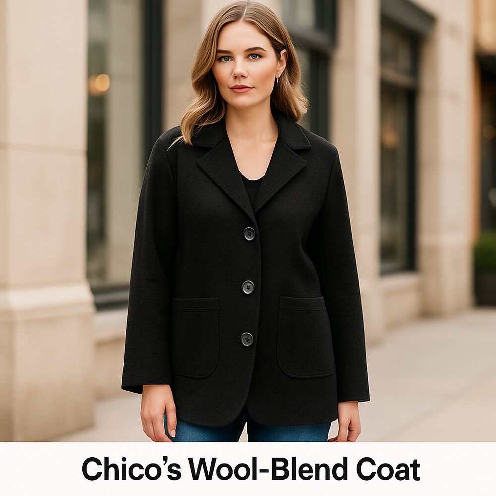 Chico’s Black Button Front Wool Blend Coat Jacket | Size 2 (L/XL)
